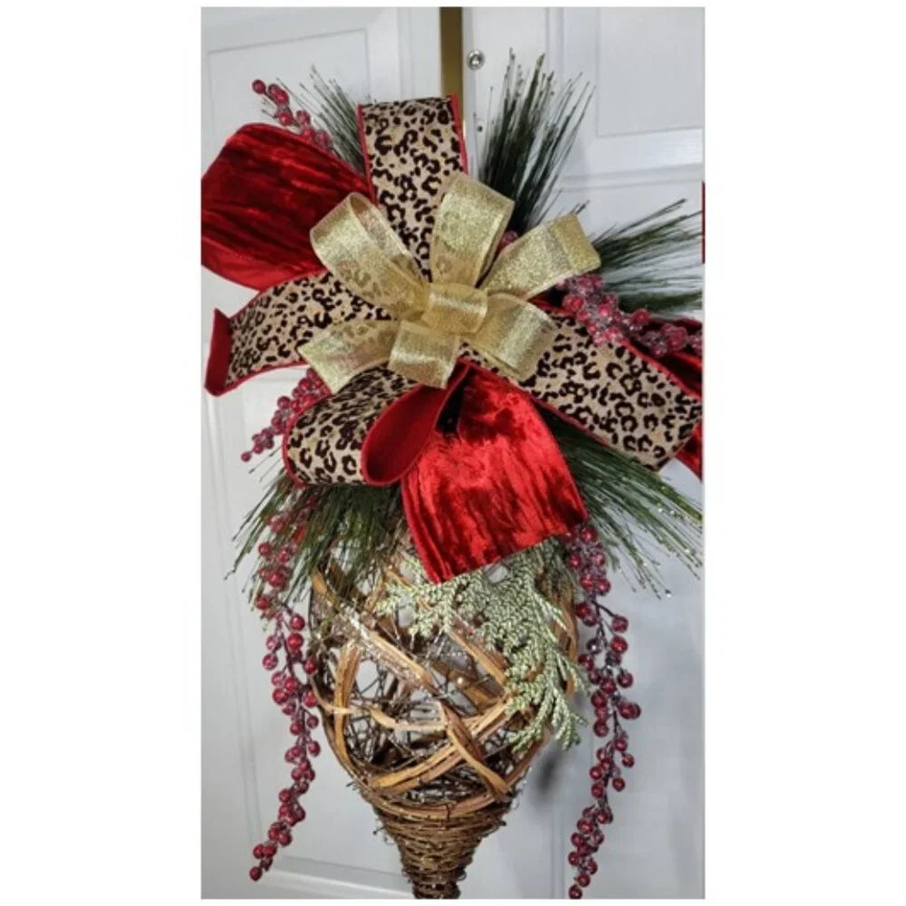 Jumbo Christmas Ornament Hanging Rattan Ornament Drop w Glam Bow, Winter Wreath